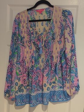 Lilly Pulitzer Cream, Pink & Blue Paisley Tie-Front Tunic